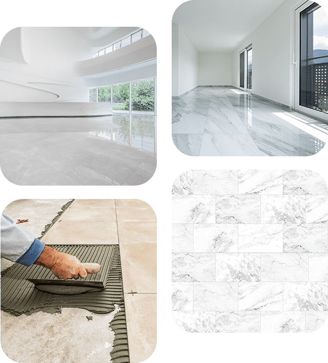 Four images: spacious rooms with marble floors, a hand applying adhesive while laying tiles, and a pattern of white marble tiles.