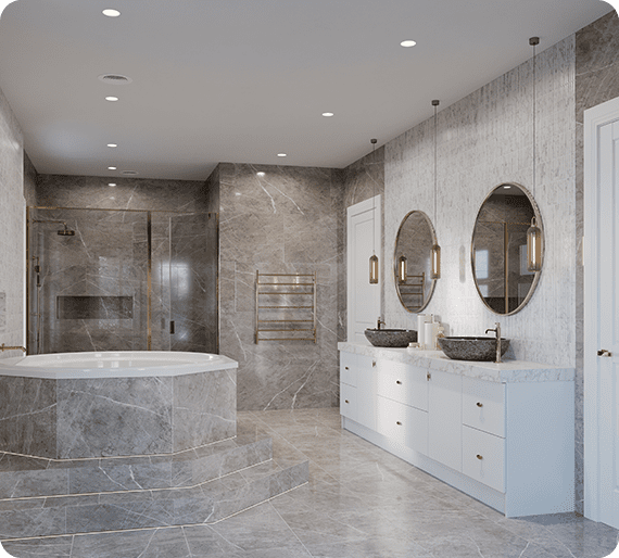 Luxurious bathroom with marble tiles, a round bathtub, double sink vanity, round mirrors, pendant lights, and a walk-in shower.
