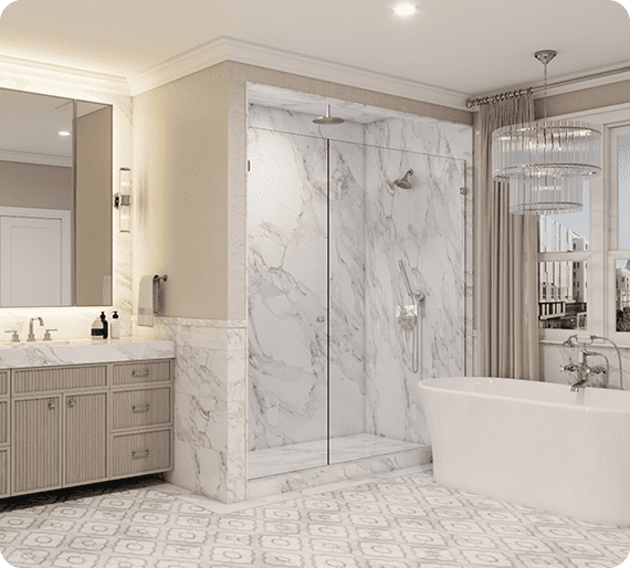 Luxurious bathroom with marble shower, freestanding bathtub, large vanity, and chandelier. Neutral tones and patterned floor tiles enhance the elegant design.