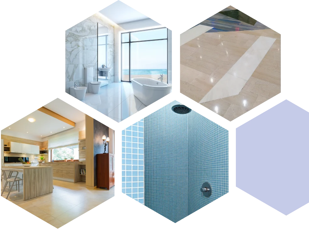 Hexagonal collage of five images: marble bathroom, tiled floor, cozy kitchen, blue tiled shower, and a solid blue hexagon.