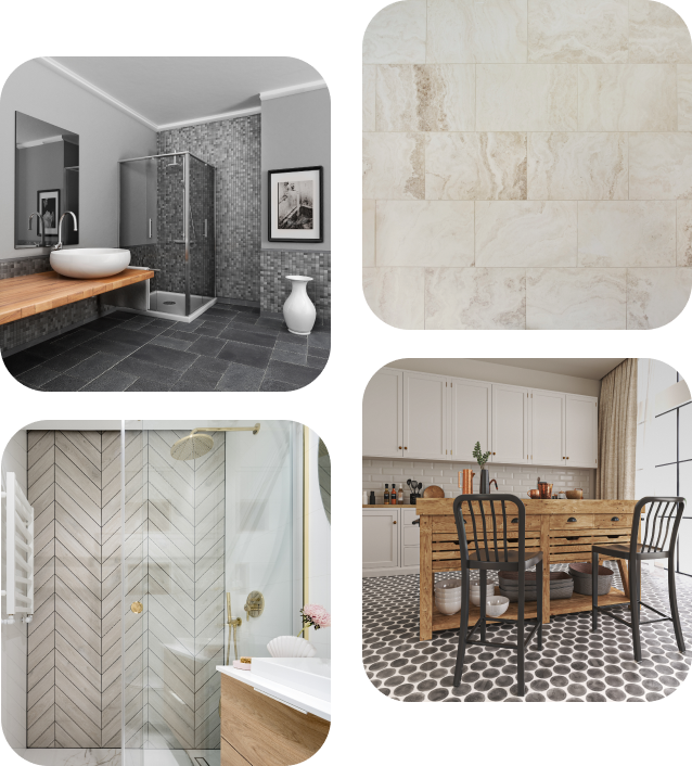 Collage of four images: a modern bathroom with glass shower, beige stone tiles, a herringbone tile shower, and a kitchen with a wooden table on hexagon-patterned floor tiles.